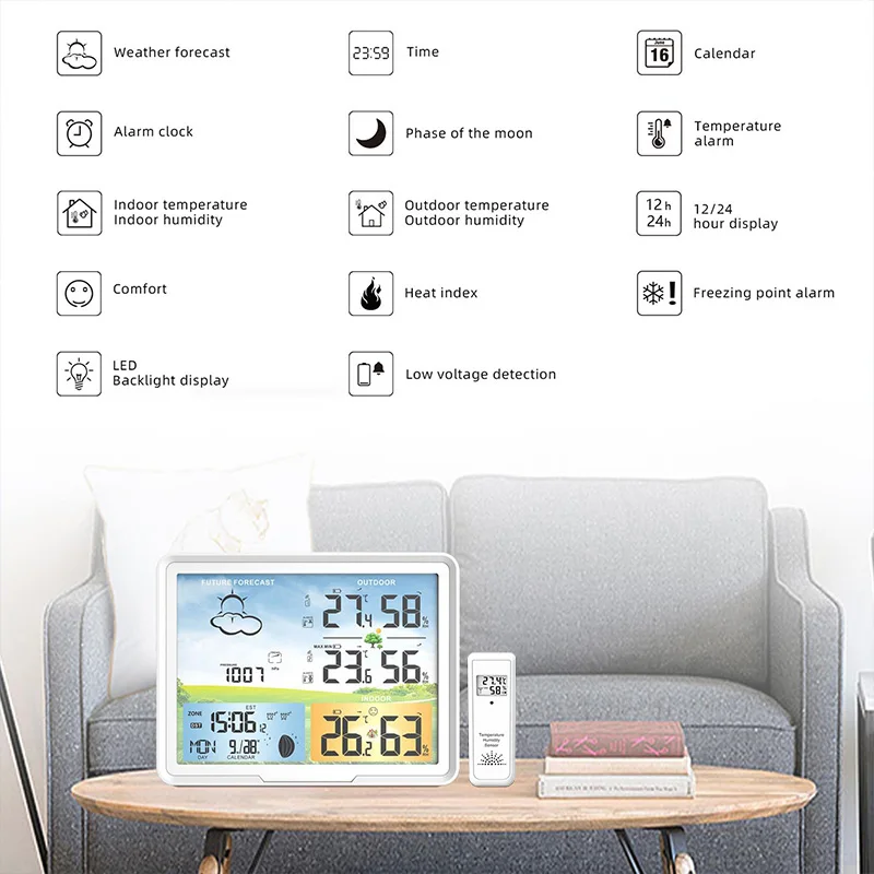 Protmex Jam Alarm Stasiun Cuaca Digital Multifungsi Dalam/Luar Ruangan Prakiraan Cuaca Termometer Higrometer 2 Sensor Nirkabel