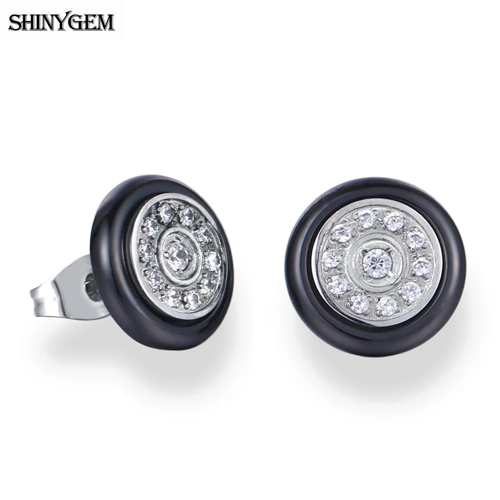 

2020 Contracted Korean Style Black/White Round Ceramic Stud Earrings Micro Inlay Zircon Stainless Steel Earrings For Women Gift