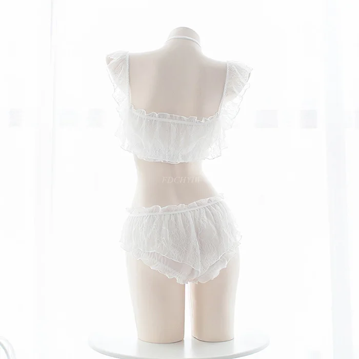 Conjunto de lingerie sexy para mulheres, coração oco íntimas, camisolas de cosplay anime, lingerie transparente lolita, tops e cinto, anel de pescoço