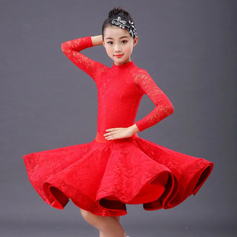 Girls long sleeve Latin Dance Skirt Ballroom Salsa Tango Skirts Kid Child Lace Latin Dance Split Dress With Leotard and Skirt