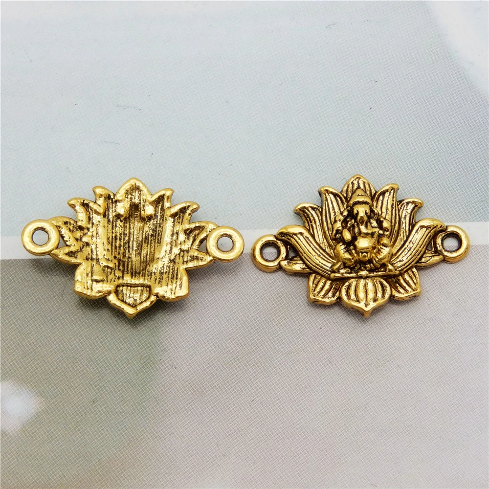 Julie Wang 10 PCS Retro Gold Color Alloy Lotus Charms Ganesh Buddha Pendant Connector For Bracelet Earrings Dangle Jewelry DIY