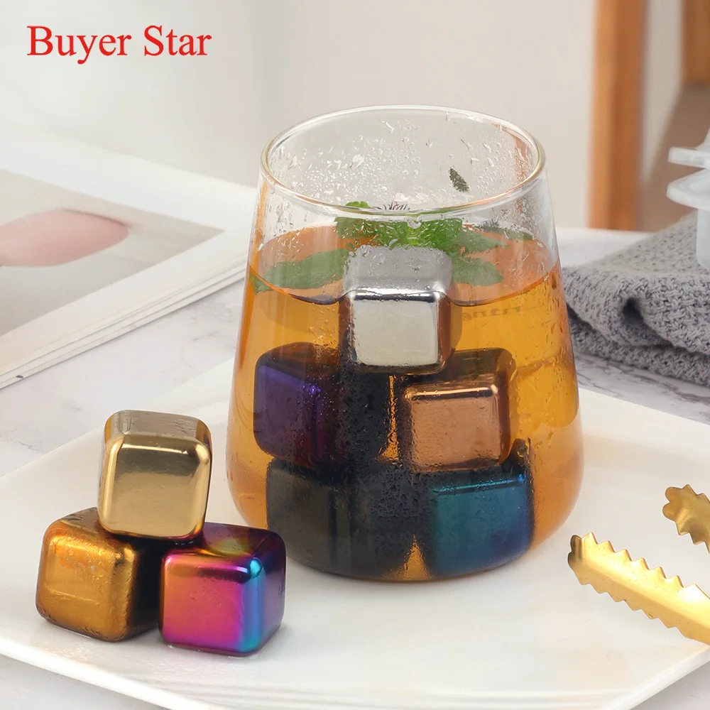 4/6/8Pcs Gold Stainless Steel Ice Cubes Beer Cooler Metal Chilling Stones for Whiskey With Storage Tube Ice Tongs Bar tools