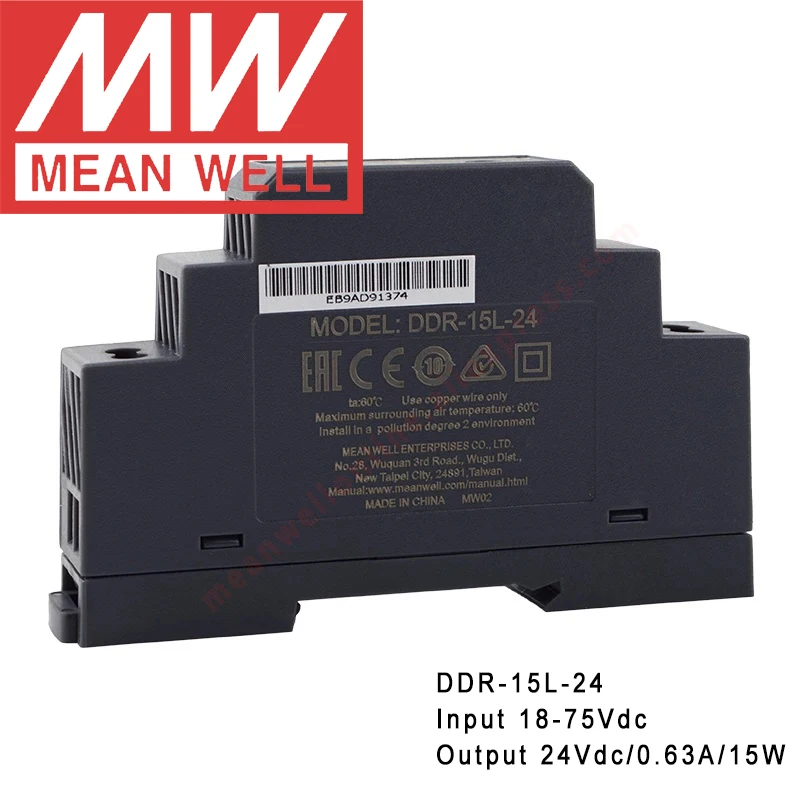 

Original Mean Well DDR-15L-24 Din Rail Type DC-DC Converter meanwell 24V/0.63A/15W DC to DC Power Supply 18-75Vdc input