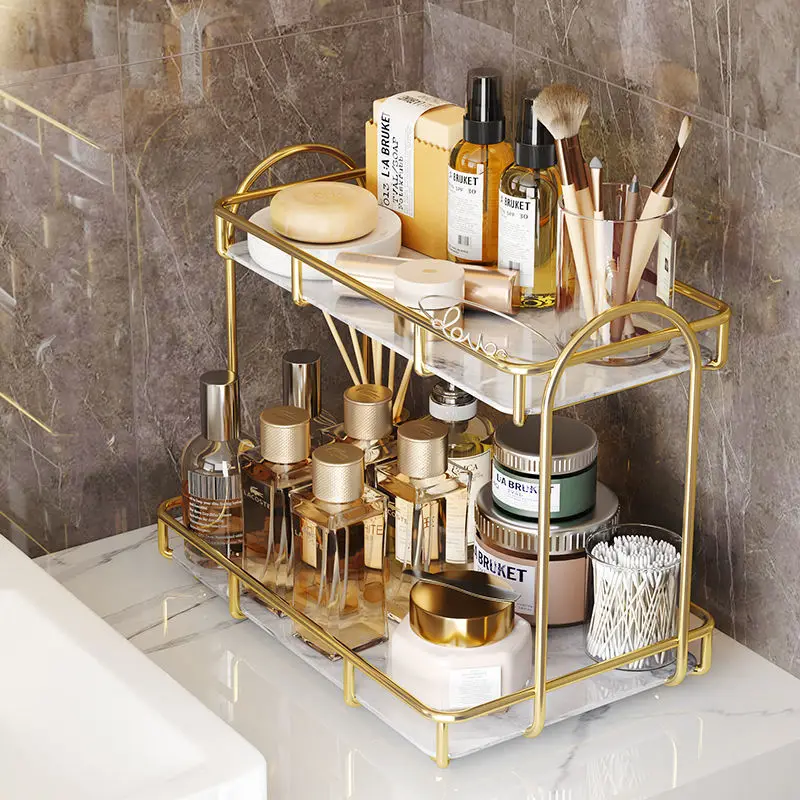 Metal Frame Baseplate Double Layer Storage Rack Bathroom Washbasin Countertop Skin Care Products Cosmetics Shampoo Storage Shelf