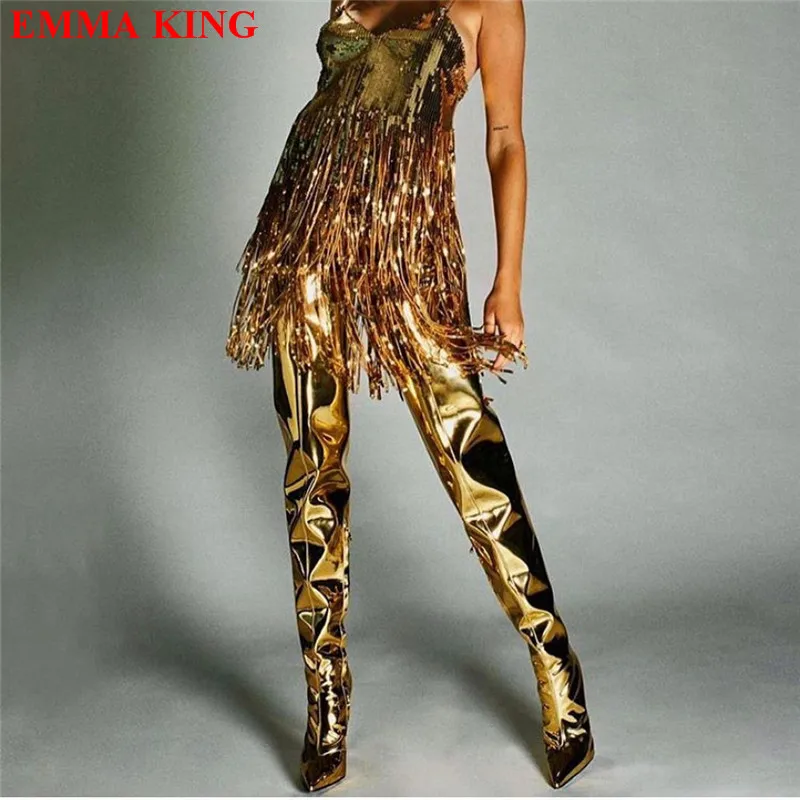 Fashion Gold Metallic Patent Leather Thigh High Boots Runway Pointed Toe High Heels Over The Knee Boots Design Long Knight Boots