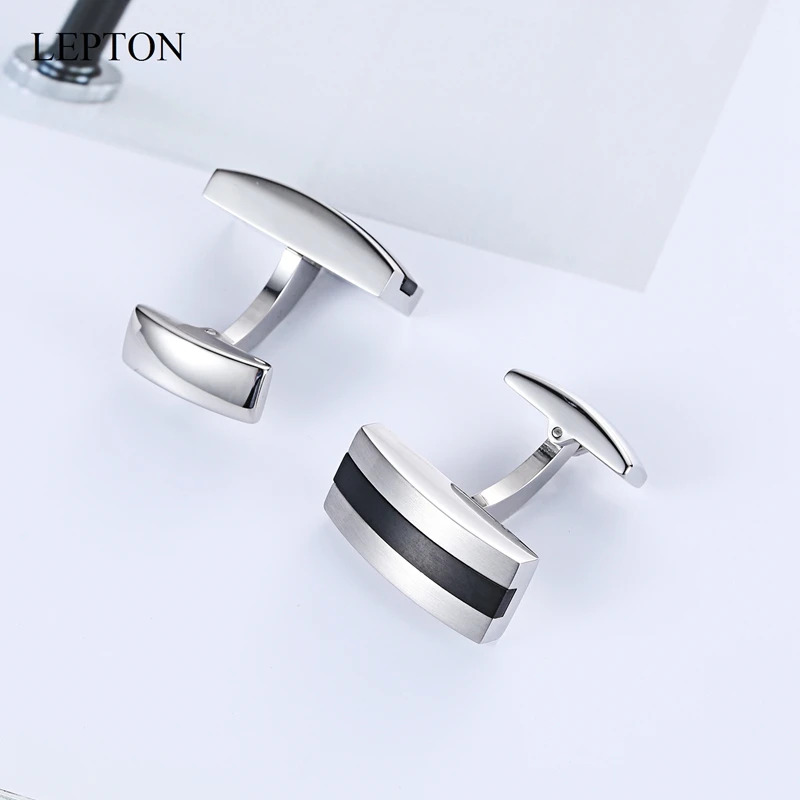 Lepton Silver & Black Color Cufflinks Matte Stainless Steel Cuff Links for Mens Wedding Business Father Day Gifts Cufflink