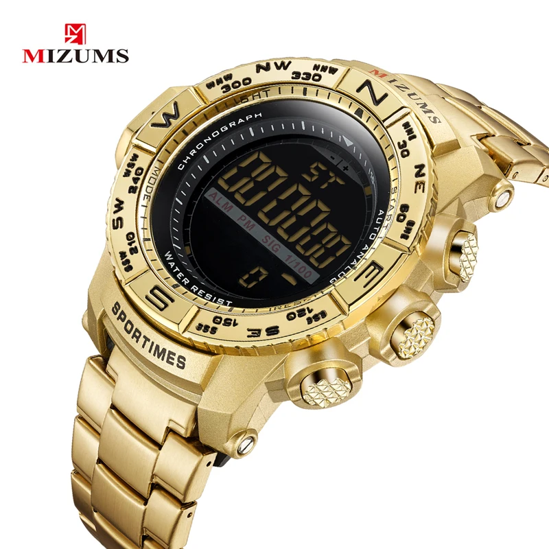 Mizums Chronograph Gold Mens Watches LED Digital Sport Watch for Man Stainless Steel Band Alarm Waterproof Male Clock Wristwatch