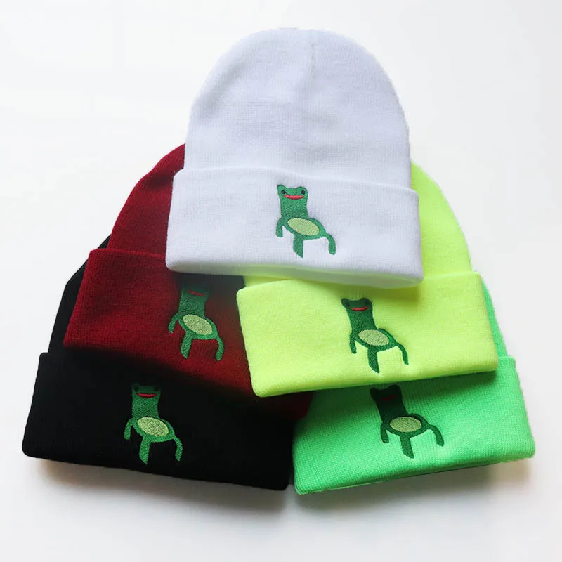 2023 Frog Hat Unisex Winter Warm Women Knitted Cap For Men Fashion Funny Cartoon Beanie Hat With Embroidery Boy Gril Ski Caps