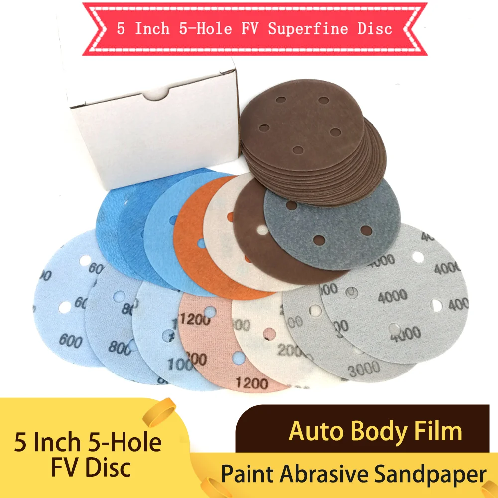 10Pc 5 Inch 125mm 5 Holes  FV Superfine Wet/Dry Hook & Loop Auto Body Film Sanding Discs Paint Abrasive Sandpaper 600-5000 Grit