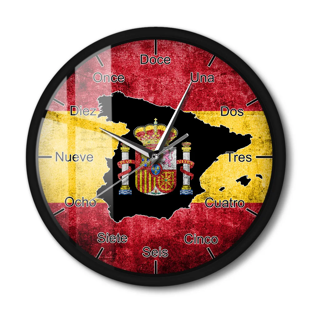 Spain Country Flag Metal Frame Wall Clock Spanish Map LED Night Light Clock For Living Room Sound Sense Wall Watch Espana Art