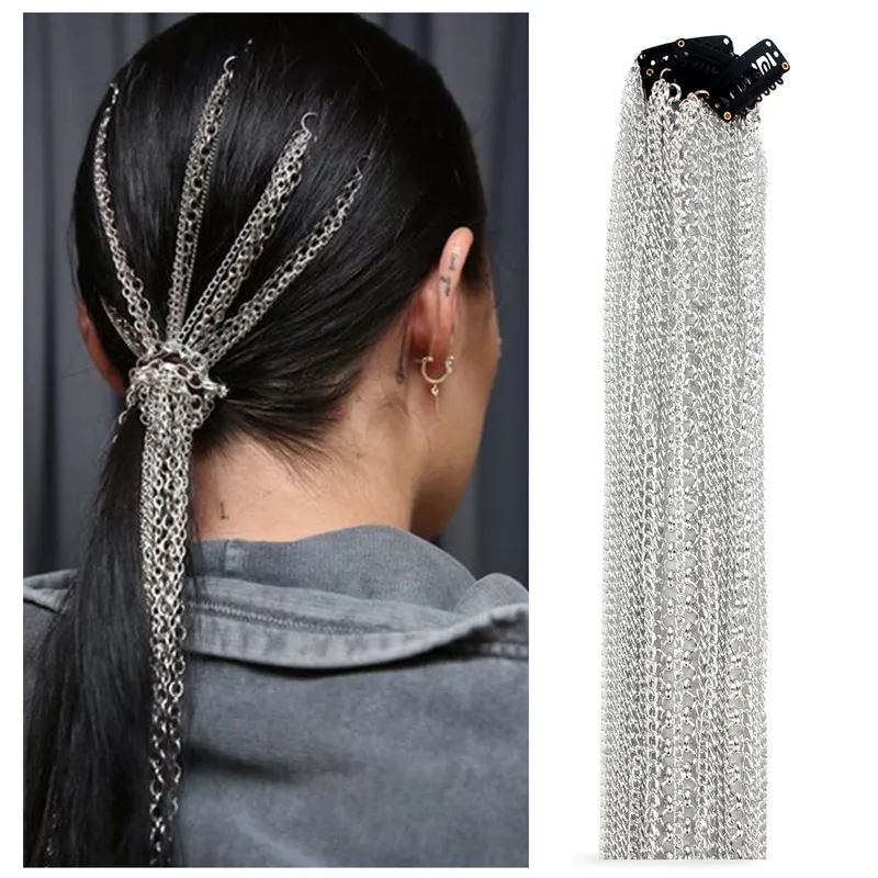 New Metal Chain Braided Headwear Fringe Wig Extension Silver Hair Chain Hair Clip For Women Girls Punk Hair Accessories