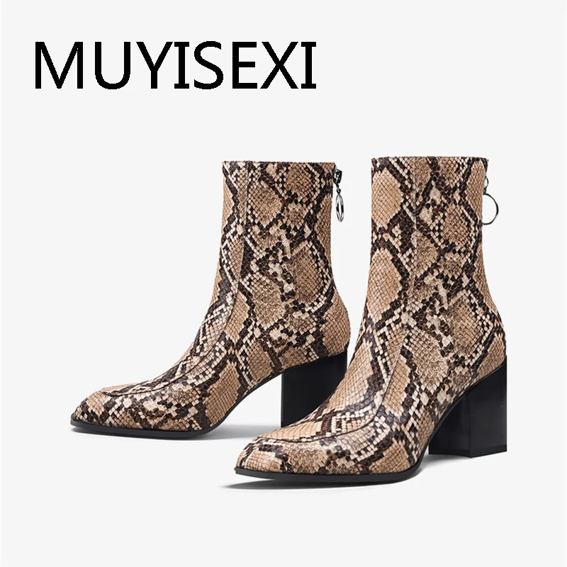 

Leopard print fashion natural leather nightclub 7cm thick high heels square toe back zipper mature concise boots HL321 MUYISEXI