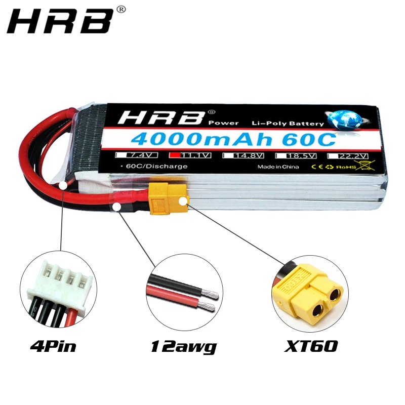 HRB 3S 11.1V Lipo Battery 4000mah XT60 XT90 T Deans EC5 XT90-S 60C For Trex 500 Helicopter Airplane FPV Drone Car Boat RC Part s