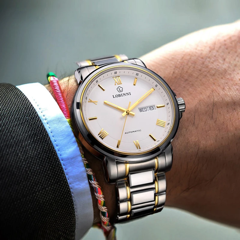 LOBINNI 간단한 스테인레스 스틸 남자 자동 기계식 시계 날짜 주 시계 사파이어 방수 50M 시계