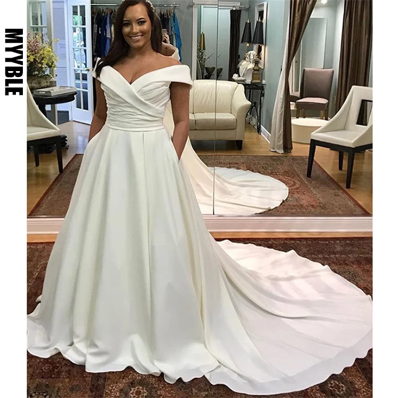 

Off Shoulder Plus Size Wedding Dress V Neck White Ivory Robe De Mariee Pleats Satin Zipper Back Bridal Dress Chapel Train