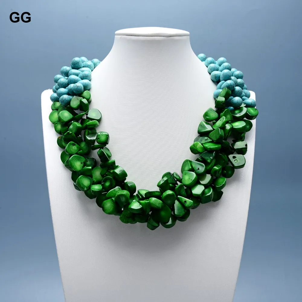 GuaiGuai Jewelry 3 Rows Green Coral Blue Teardrop Turquoise Real Gems Necklace Shell Flower Clasp Handmade For Women