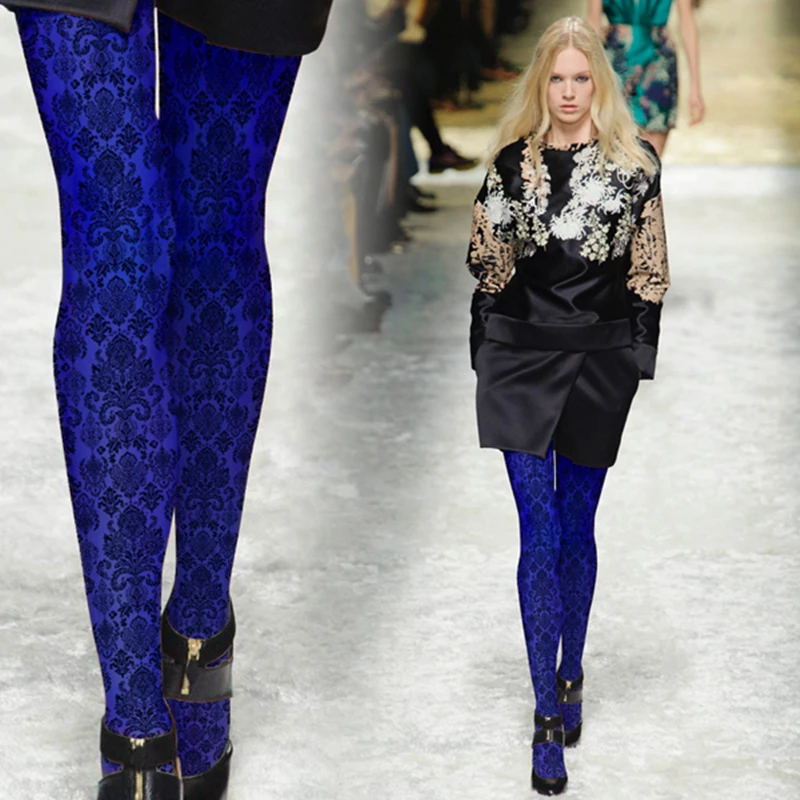 

Women Royal Blue Printed Pantyhose European Retro Floral Footed Tights 140D