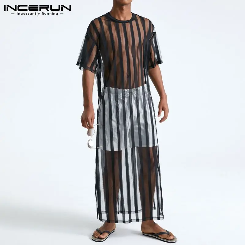 INCERUN 2023 Men Mesh T Shirt Transparent Striped Streetwear Short Sleeve Sexy Long Tops Fashion Party Nightclub T-shirts S-5XL