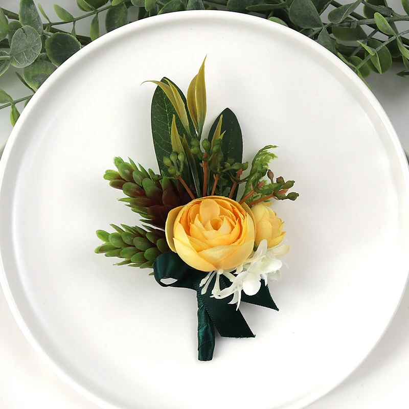 GT Sutra Lepepch Kertasnya Boutonflon Dekorasi Pernikahan Pernikahan Mawar Pergelangan Tangan Pin Boutonniere Bunga untuk Tamu