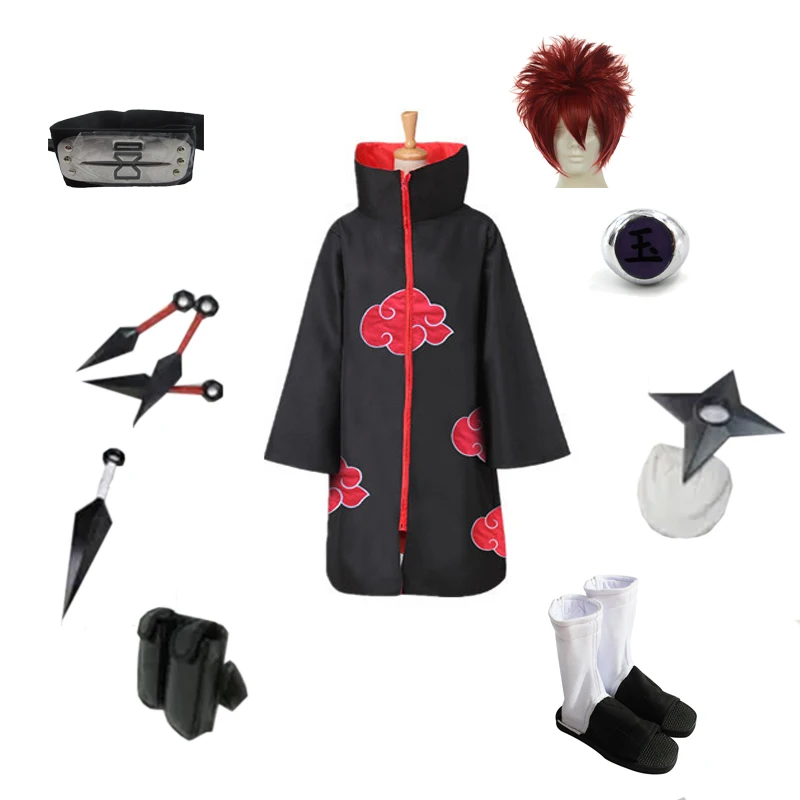 

Brdwn Naruto Akatsuki Unisex Sand Sasori Cosplay Costume Full set( Red Cloud Cloak+Headband+Shoes+Ring+Kunai+bag+shuriken)