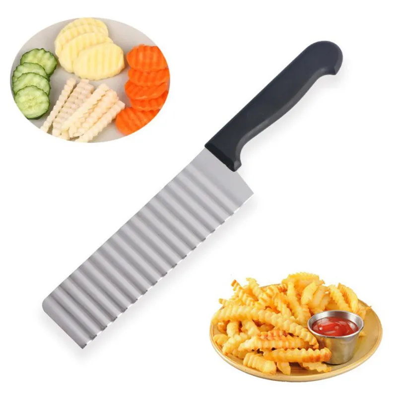 Long Stainless Steel Potato Chip Slicer Dough Vegetable Fruit Crinkle Wavy Slicer Knife Potato Cutter Chopper French Fry Maker