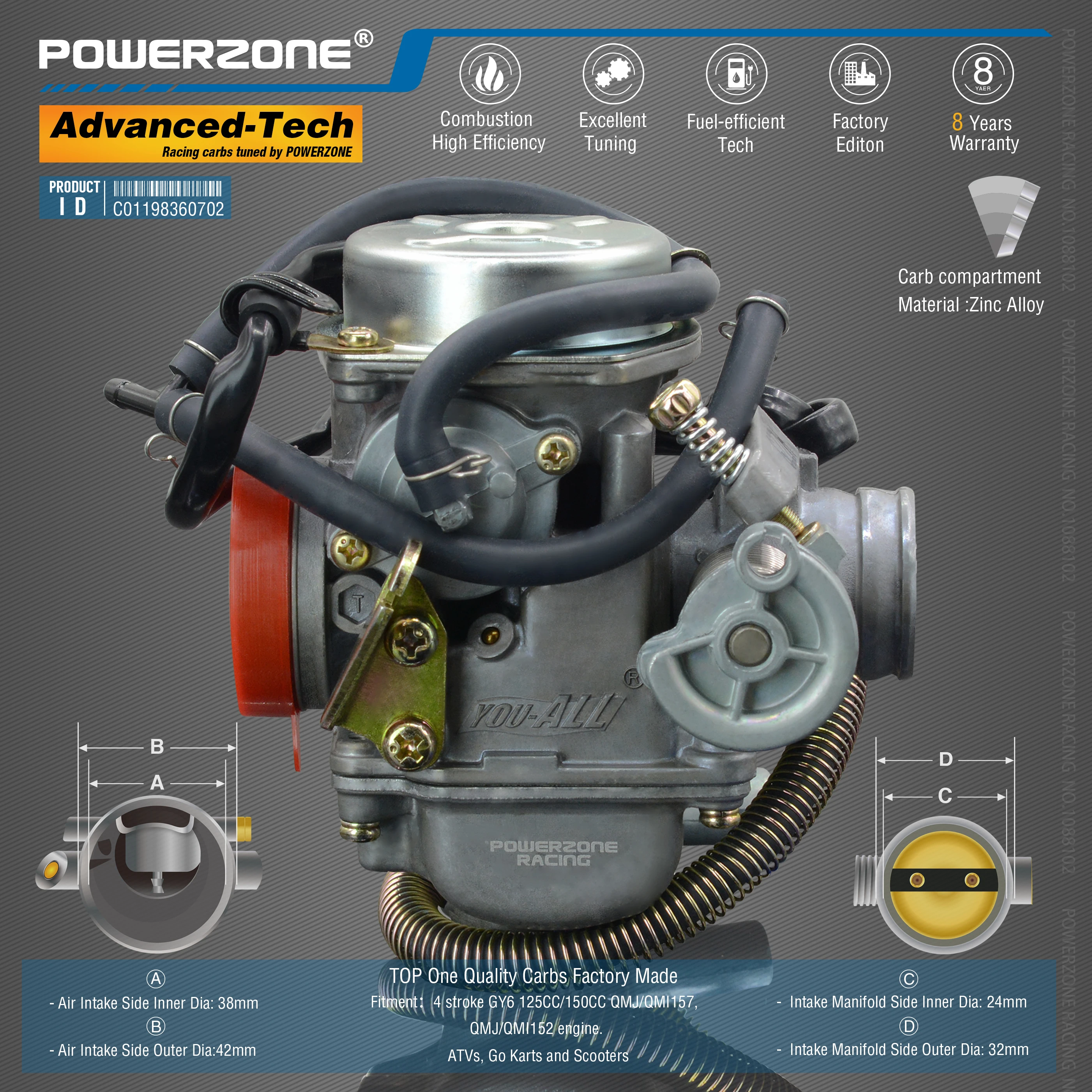 Powerzone  Carburetor PD24J 24mm  CVK  Accelerator Pump Carb For GY6 125CC/150CC QMJ/QMI157/152 engine.ATVs, Go Karts and Scoote