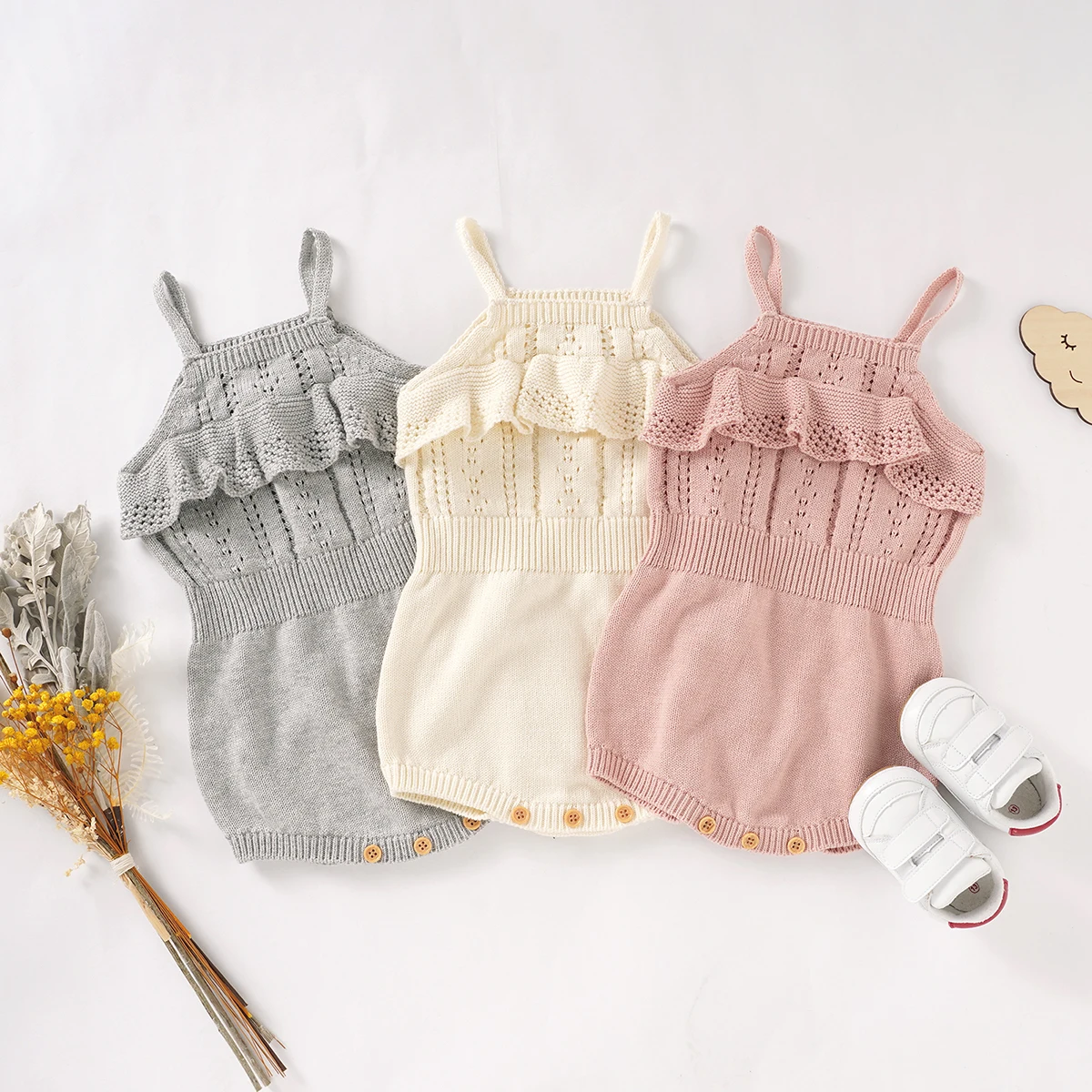 

2021 Baby Solid Color Knitted Romper, Girls Sleeveless Square Collar Hollow Out Short Jumpsuit