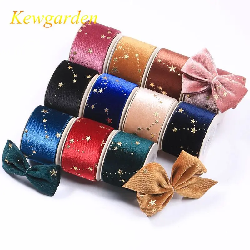 

Kewgarden 1" 1.5" Shiny Velvet Bronzing Star Ribbon Handmade DIY Hair Bowknot Children Hairpin Jewelry Make Material 10 Yards