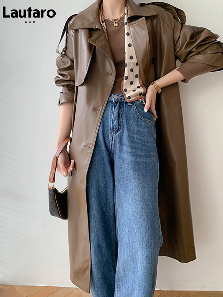 Lautaro Autumn Long Oversized Black Faux Leather Trench Coat for Women Raglan Long Sleeve Double Breasted Brown Korean Fashion