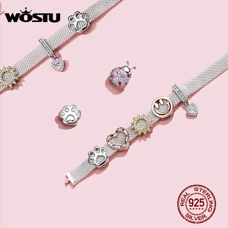 WOSTU 925 Sterling Silver Circle Charm Round CZ Bead Bead Clip Fit Original reflection Charm Bracelet Jewelry Accessories CQX101