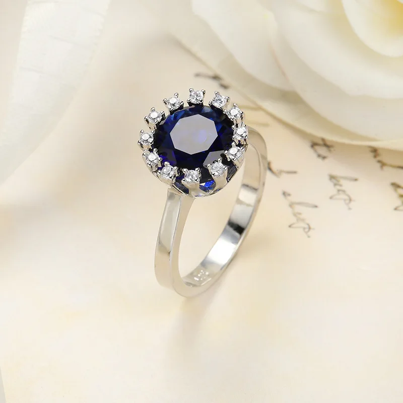 Luxury Real Sterling Silver Color Ring 1Ct Blue CZ Wedding Jewelry Rings Engagement For Women Wedding Jewelry