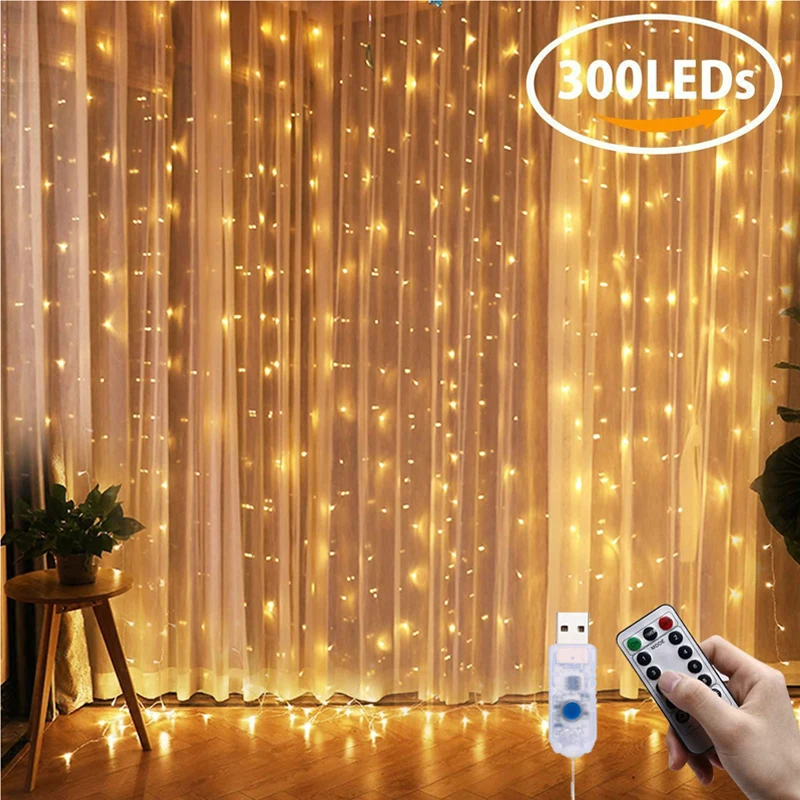 Guirlande lumineuse rideau à LED avec alimentation USB, 3x3M, contrôle à distance avec 8 Modes, luminaire décoratif d'intérieur, idéal pour noël