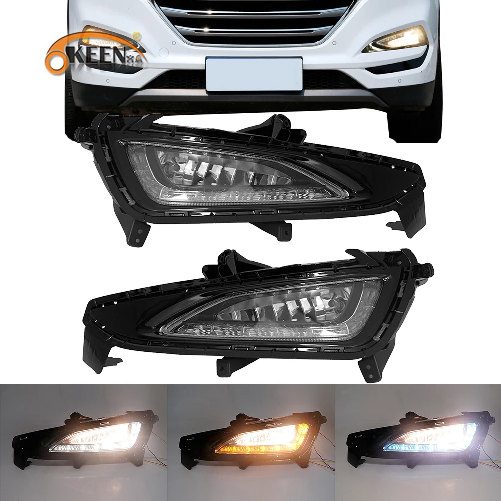 OKEEN 2pcs LED Daytime Running Light For Hyundai Tucson 2015 2016 2017 Car Driving Turn Signal Fog Lamps Headlight Bulbs DRL 12V