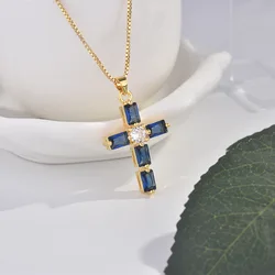 Real Solid 18k Yellow Gold Cross Pendant Necklace for Men and Women Simple Design Sapphire Pendant Jesus Christ Fine Jewelry