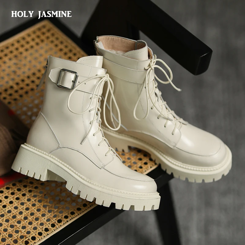 

2021 New Winter Genuine Leather Women Boots Fur Warm Boots Snow Boots Zippe Lace-up Platform Boots Black Motorcycle Boots Shoes