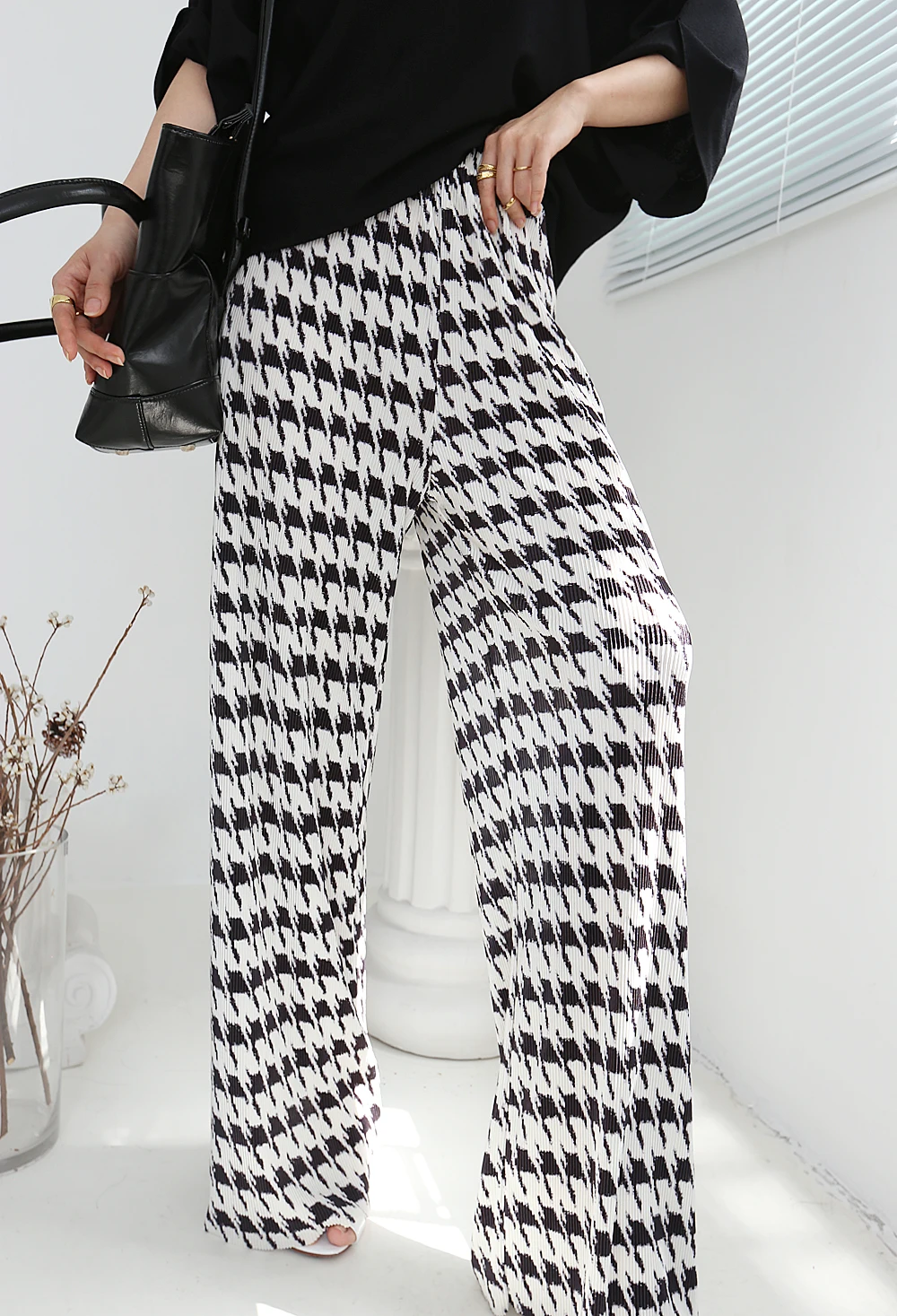 HOT SELLING Miyake Beauty fashion fold show thin fold  pants female foot trousers Houndstooth print straight pants  IN STOCK