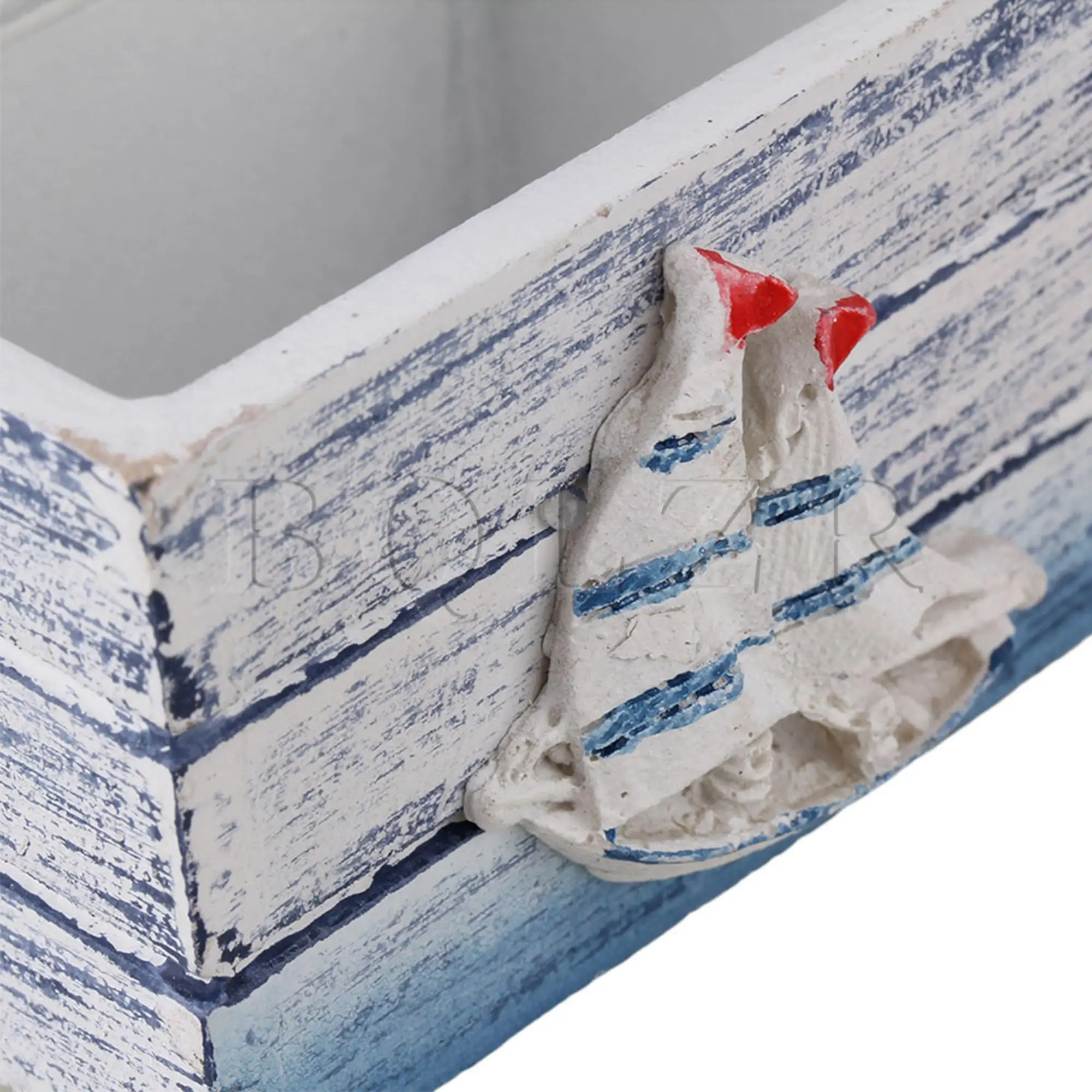 Caja de almacenamiento de colección de madera azul y blanca con temática de playa