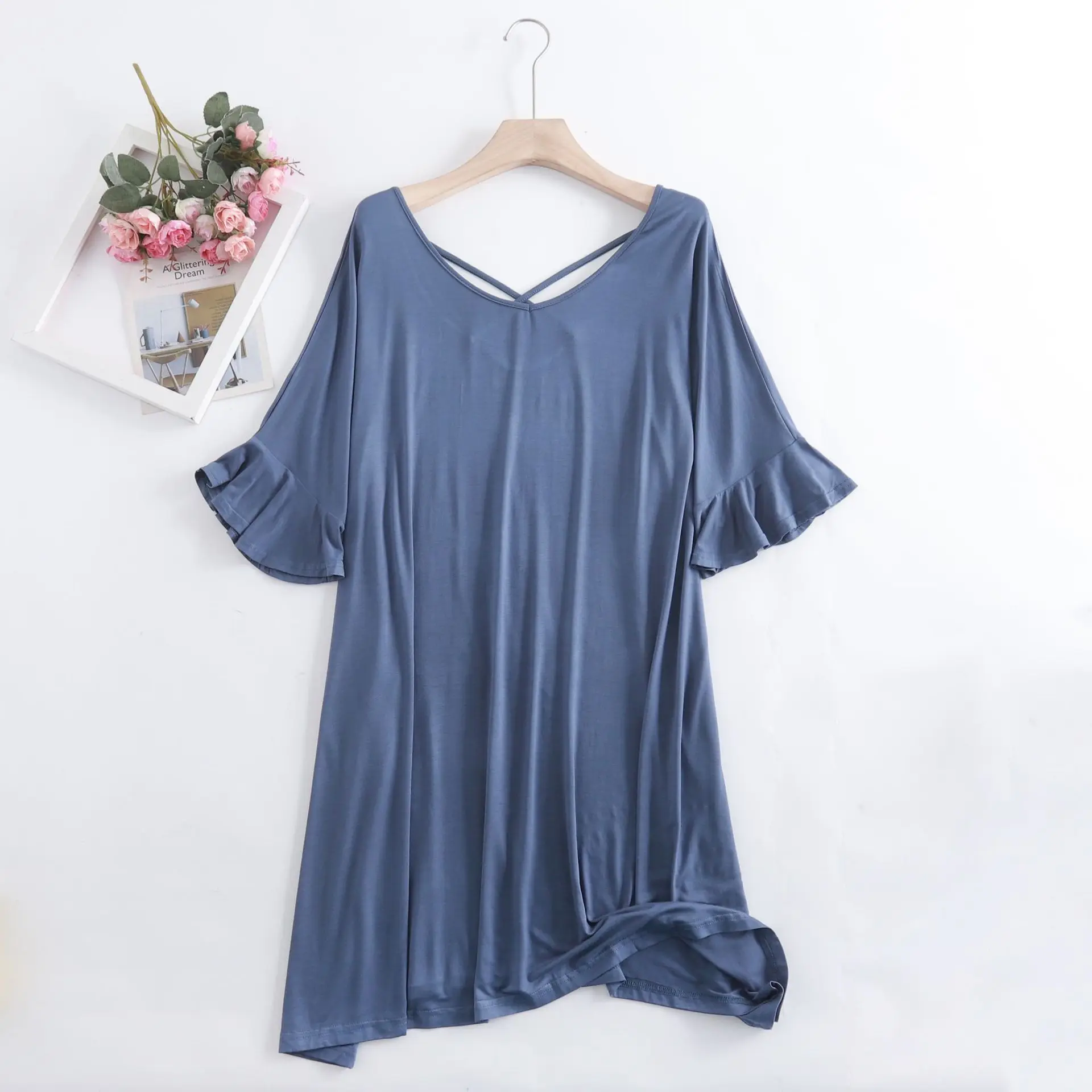 New Nightgowns Women Loose Modal Summer Dress Beautiful Back Flared Sleeves Sexy Nightshirt Large Size Ladie\'s Nightdress