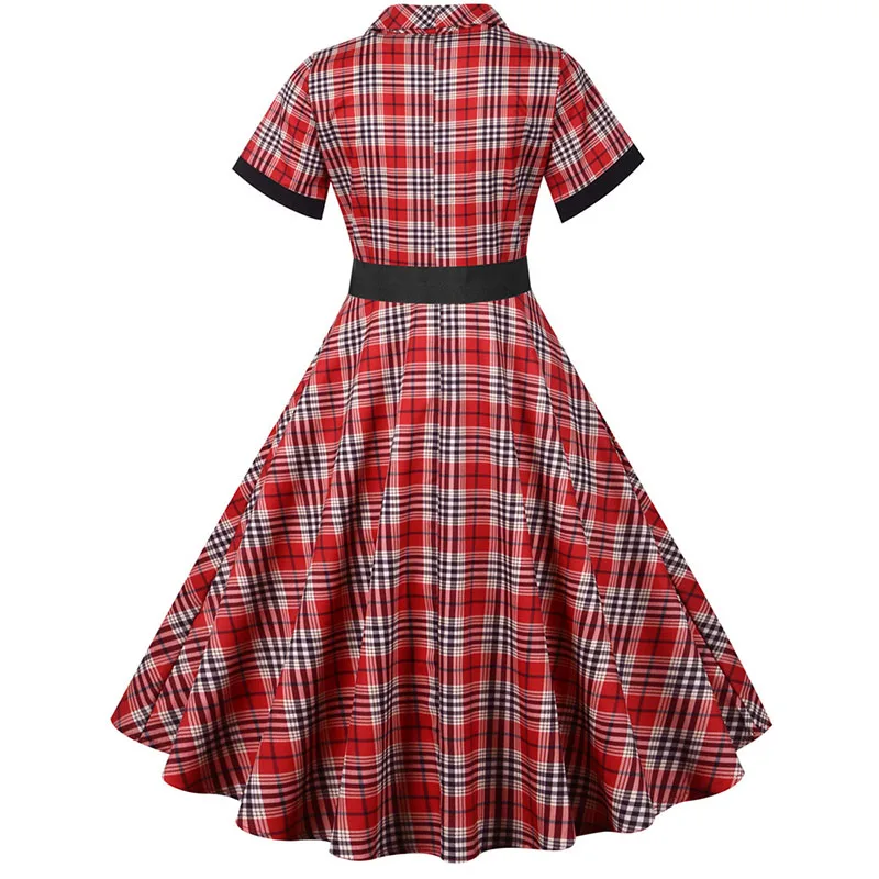 Notched Collar Plaid Print 50s Vintage Dress With Belt 2023 Summer Women Casual Slim Party Jurken Elegant Short Sleeve Clothing