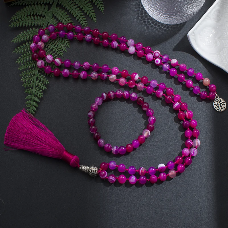 

8mm Rose Red Striped Agate Mala Necklace 108 Japamala Beaded Knotted Meditation Yoga Spiritual Life Tree Woman Jewelry Sets