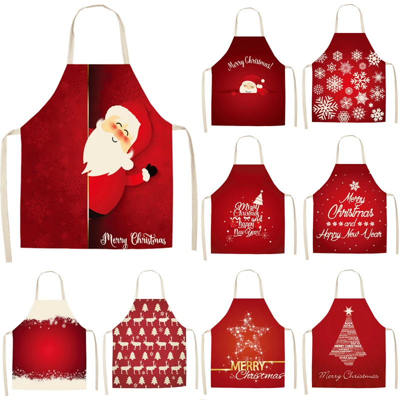 Christmas Decorations Santa Claus Red Sleeveless Apron Cotton and Linen Kitchen Apron Women\'s Home Cooking Barbecue Bib Apron