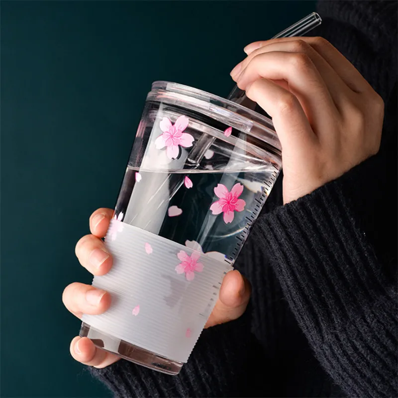 Cherry Blossom Travel Glass Coffee Mug Outdoor Heat-Resistant Scale Teacup With Non-Slip Cover Transparent Milk Breakfast Cup