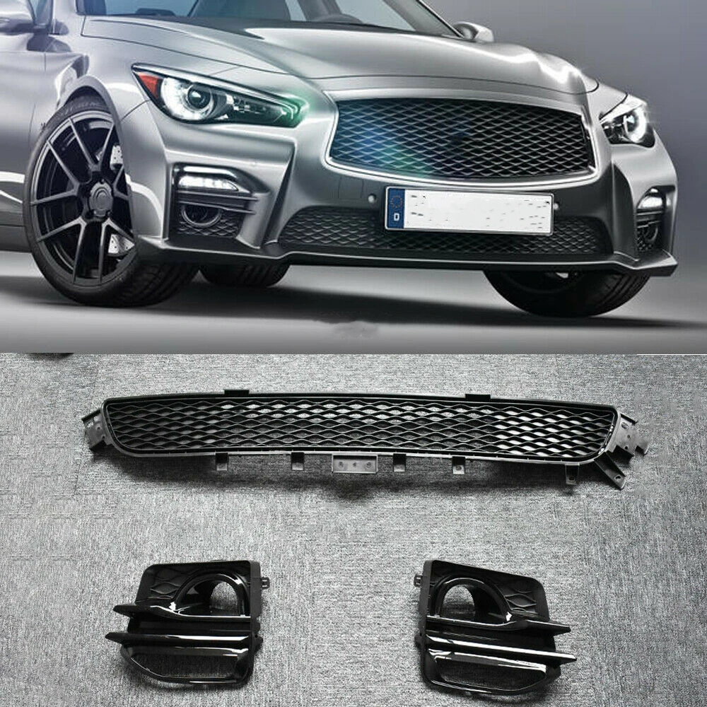 

For Infiniti Q50 2014-2017 M Sport Only Front Lower Grill+Fog Light Lamp Cover Bumper Hood Air Vent Intake Frame Grille Bezel