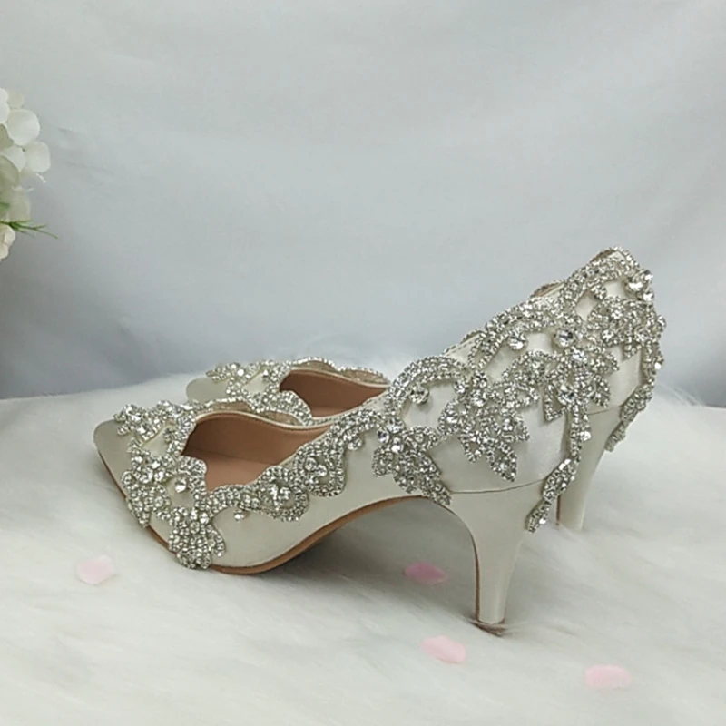 BaoYaFang Ivory Crystal Wedding shoes women high heels Pointed Toe Bridal party dress shoes woman 9cm Thin High Pumps Female