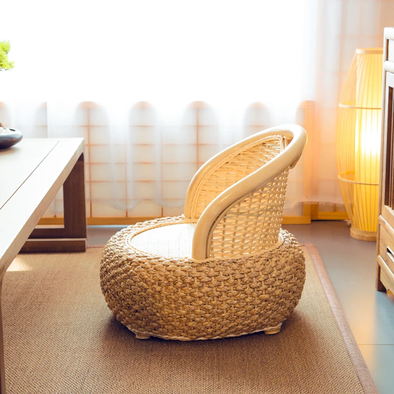 Japanese Rattan Zaisu Legless Chair Handmade- Rattan Woven Floor Sitting Tatami Chair For Bay Window Bed Lazy Sofa Meditation