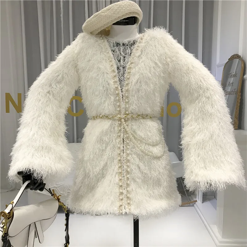 ALPHALMODA 2019 Winter Neue Frauen Plüsch Quaste Pelzmantel Perle Gestreiften Kragen Padded Dicke Warme Weibliche Mode Mantel Outfit