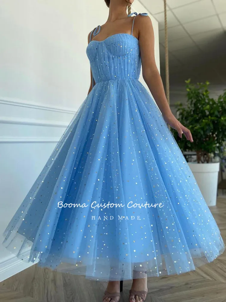 Fairy Blue Princess Prom Dresses Sparkly Starry Tulle Strapless Short Prom Gowns Pleated Tea-Length A-Line Formal Party Gowns