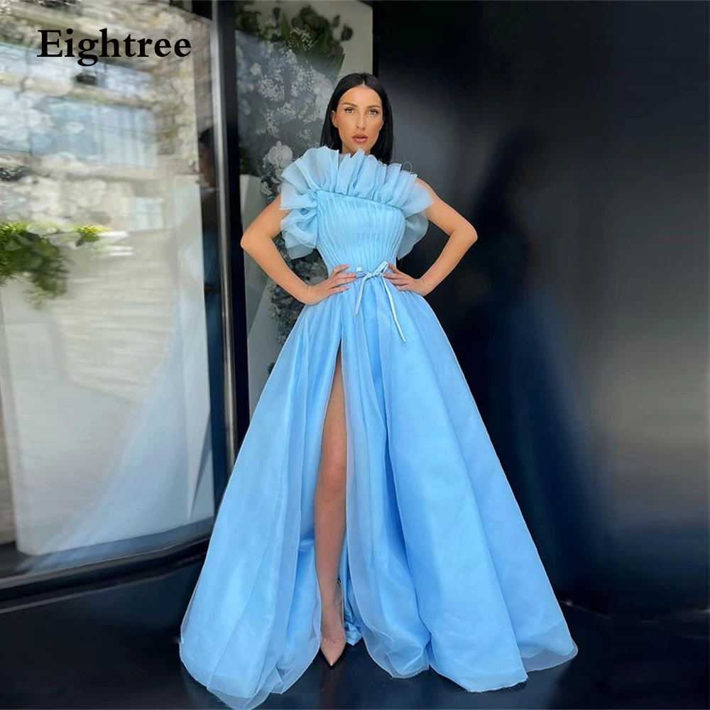 Eightree Sky Blue A Line Side Slit Weeding Party Dress Sashe Tulle Tiered Ball Gown Sweetheart Sleeveless Celebrity Dresses 2024