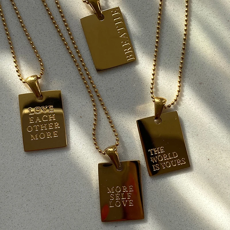 2023 New Stylish Hiphop Personal Engraved Letter Message Square Pendant Necklace Beads Chain Stainless Steel Gold Color Necklace