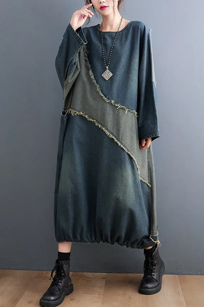 Vintage Spring Autumn Women Clothing Contrast Color Stitching Denim Dress Raw Edge Loose Long T Shirt Female Robes M1986